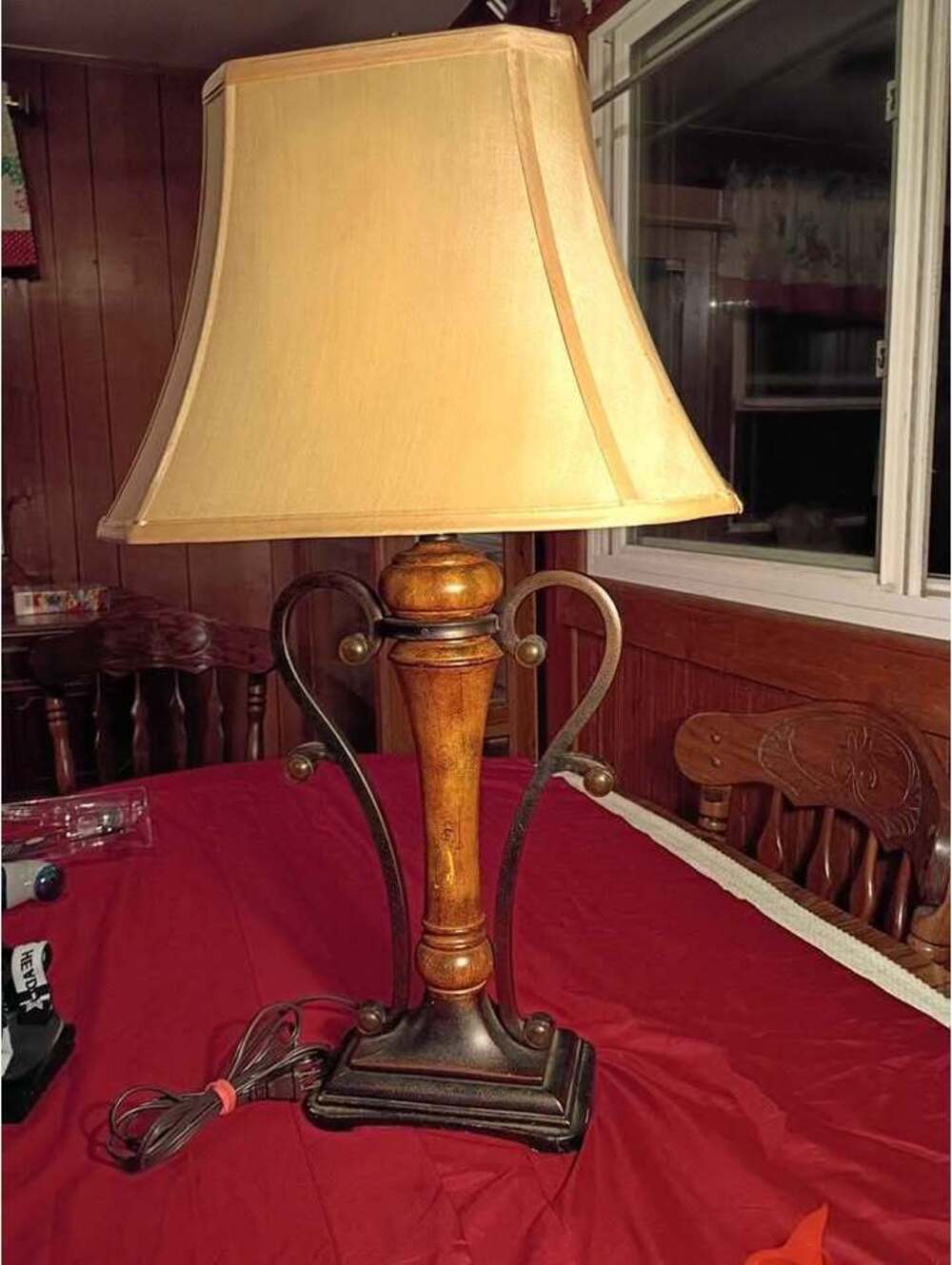 Vintage Table Lamp with Wood and Metal Base and Beige Shade